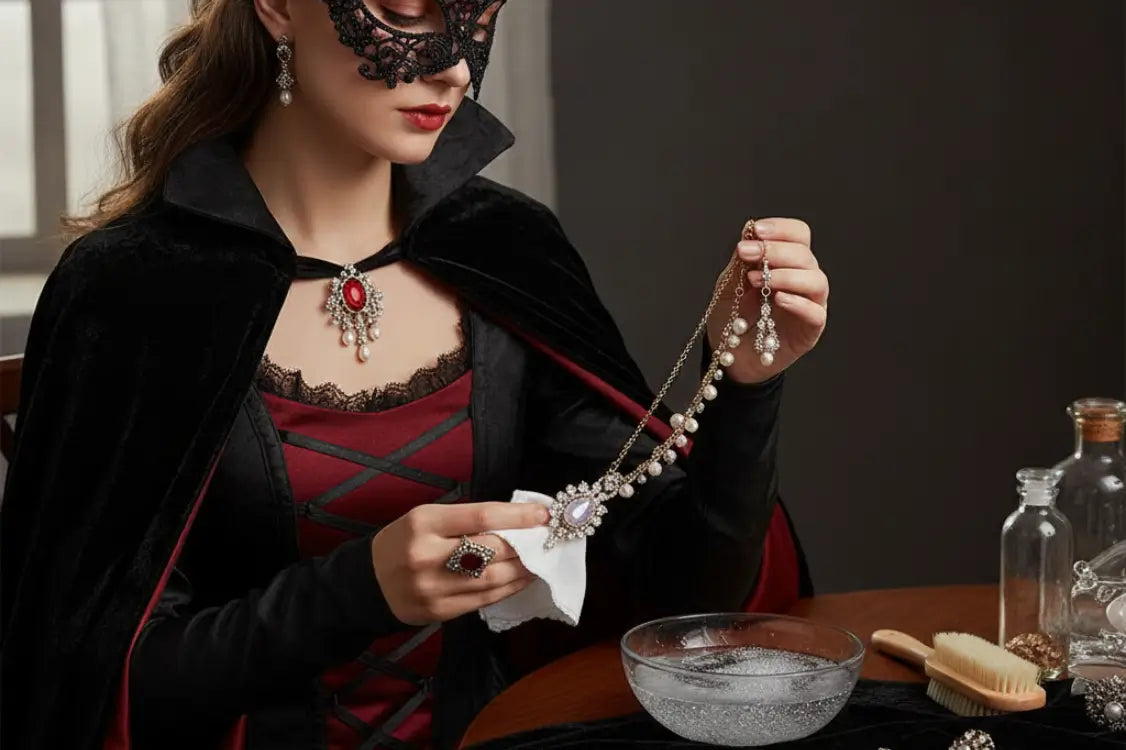 Ultra-realistic image of a model in a sexy vampire costume carefully cleaning elaborate costume jewelry