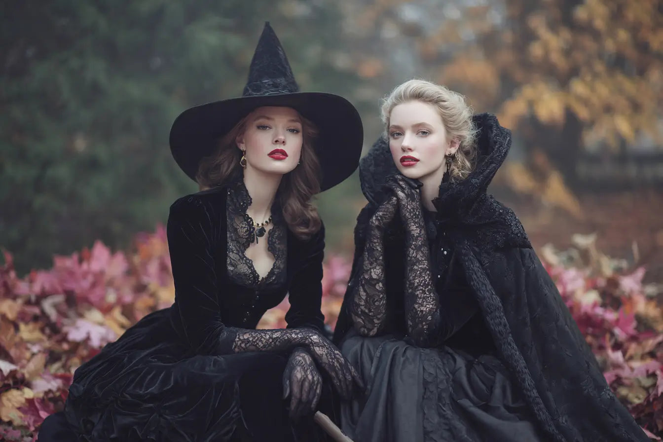 Witch costume with pointed hat paired with elegant vampire outfit for Halloween.