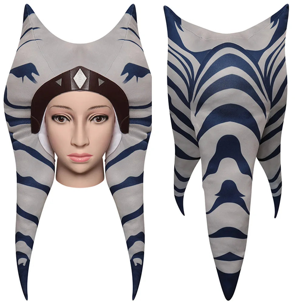 Zebra-striped headpiece with long, pointed ears on a mannequin head against a white background