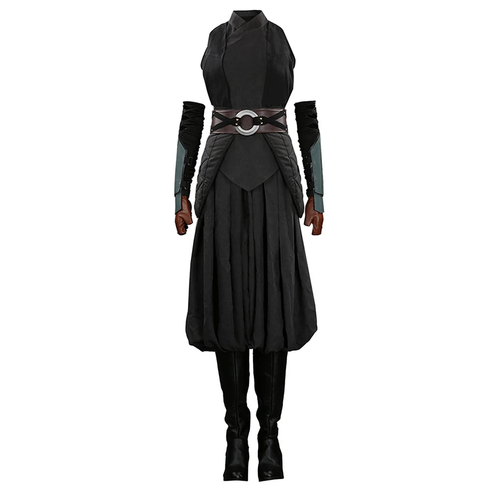 Black costume with a belt and gloves on a white background