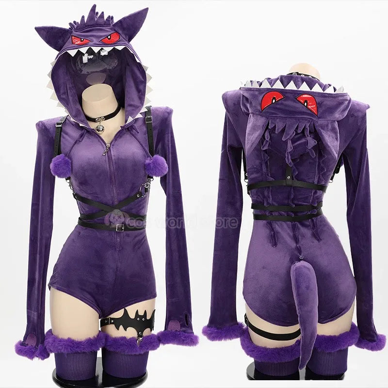 Purple costume with animal design on a mannequin against a white background