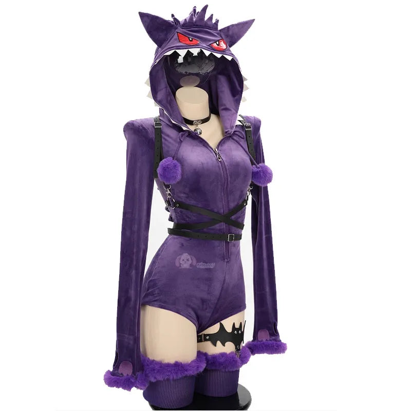 Purple costume with character design on a mannequin against a white background