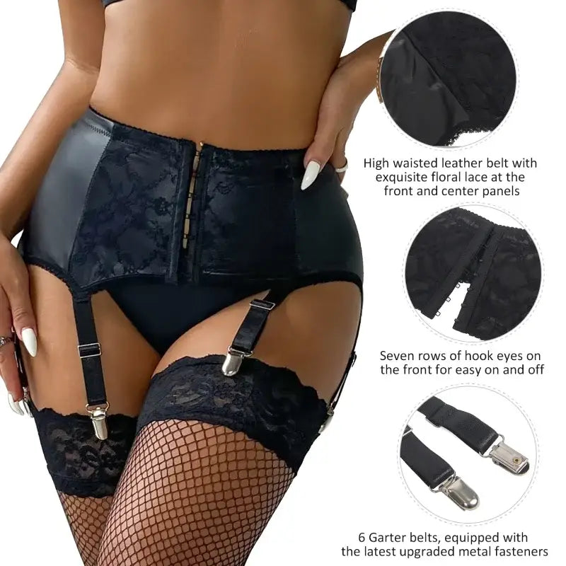 Comeondear Sexy Faux Leather Mesh Garters Black Suspenders Belts With 6 Elastic Straps Fashion Women’s Lace Plus Size