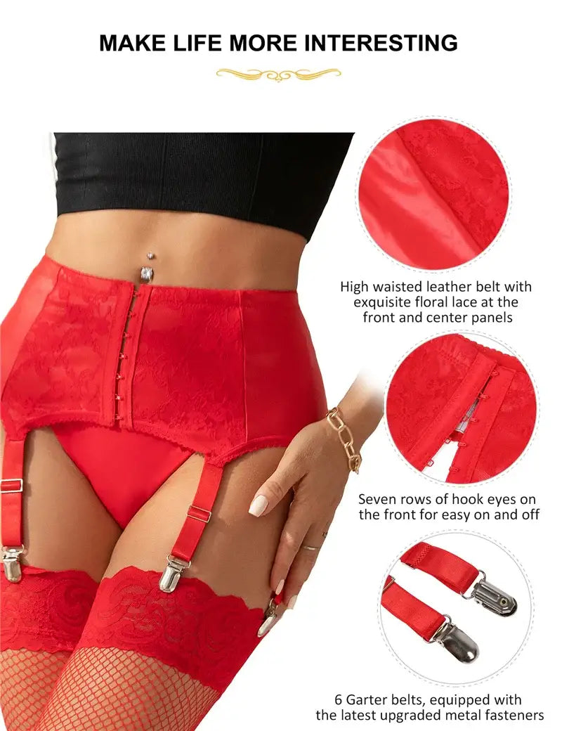 Comeondear Sexy Faux Leather Mesh Garters Black Suspenders Belts With 6 Elastic Straps Fashion Women’s Lace Plus Size