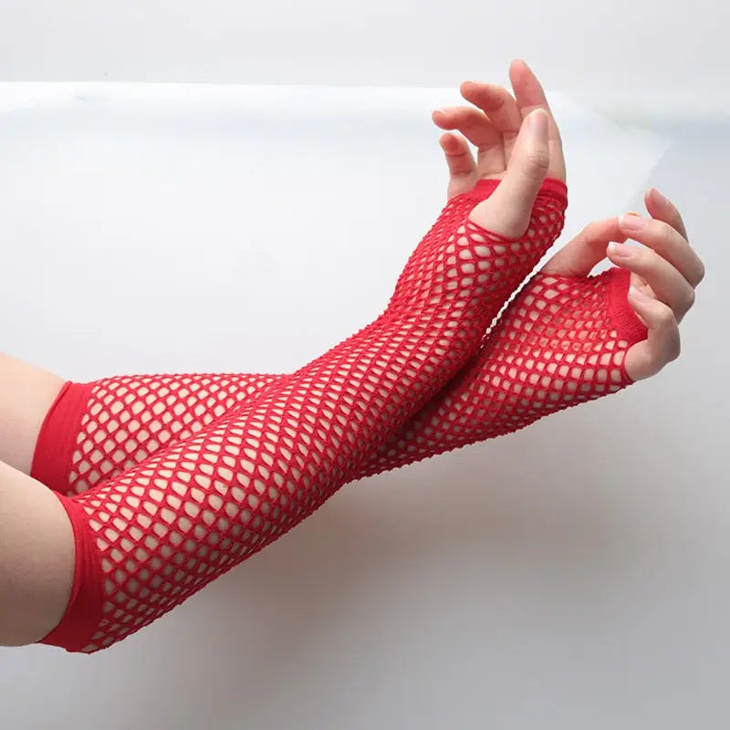 Fingerless Fishnet Gloves - Red / 26cm