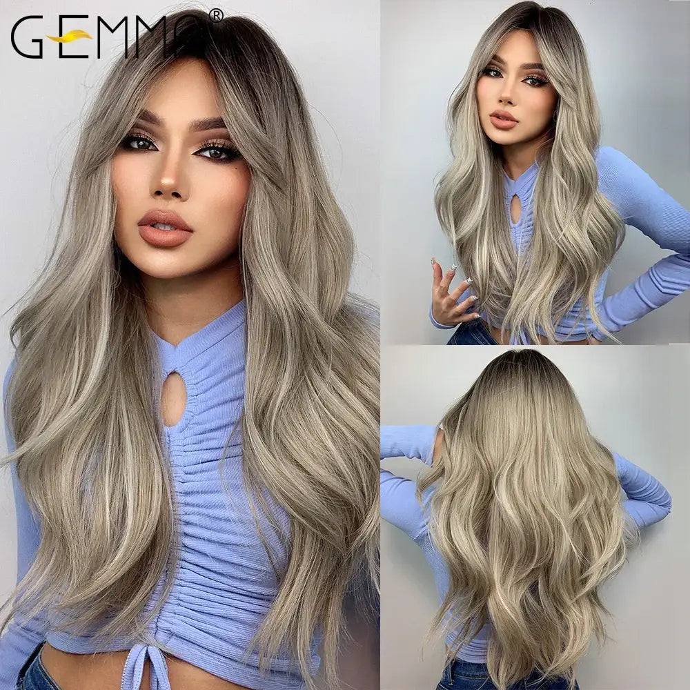 Red Brown Copper Long Natural Wave Wig - Grey Straight