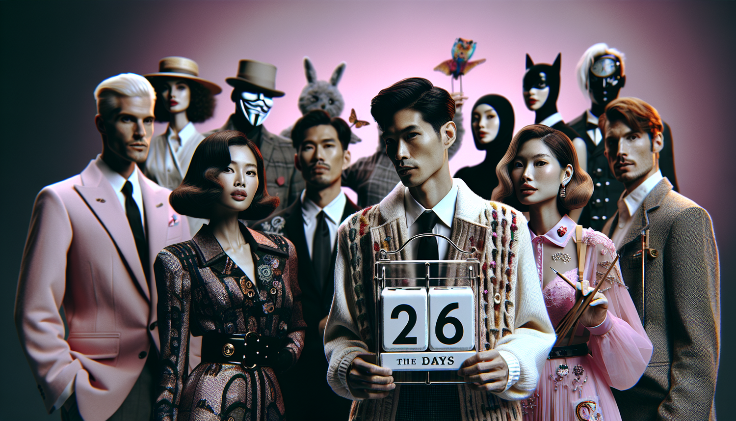 A woman in red lingerie stands beside a heart-shaped balloon bouquet, counting how many days until Valentine’s Day.