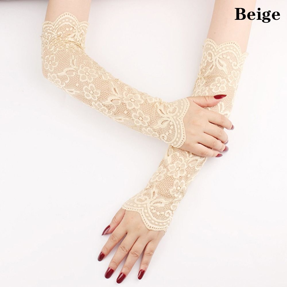 Elbow Length Fingerless Gloves - Beige