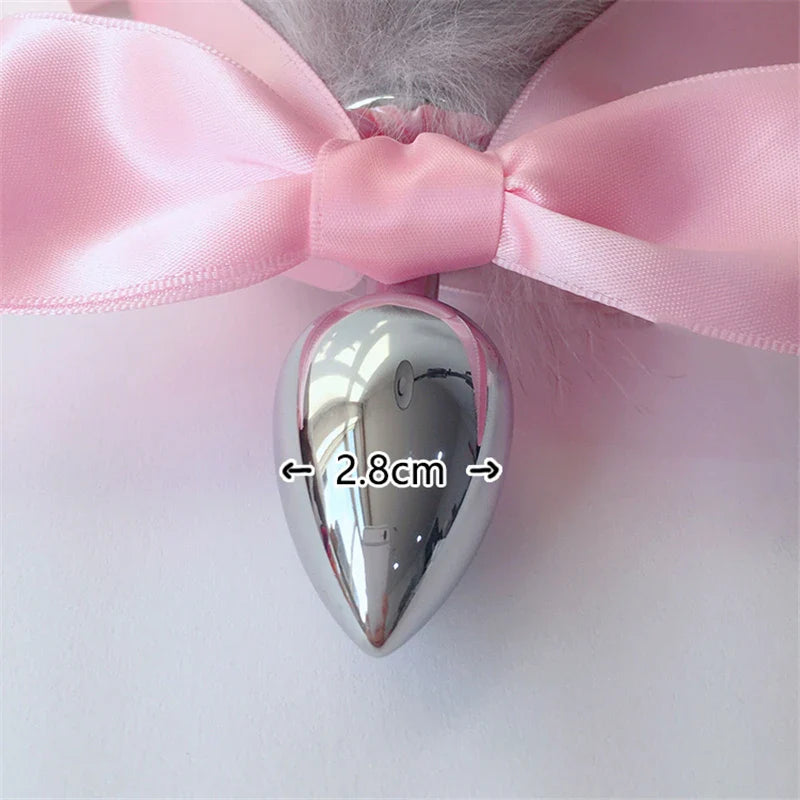 Fox Tail Bow Metal Butt Anal Plug Cute Bow-Knot Soft Cat Ears Headbands Erotic Cosplay Accessories Adult Sex Toys