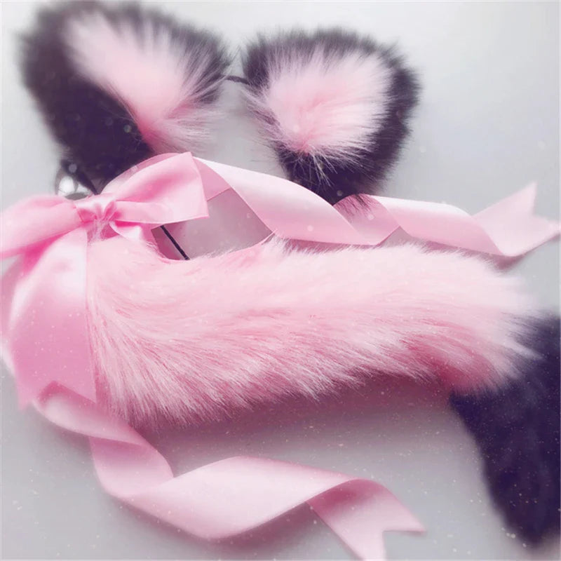 Fox Tail Bow Metal Butt Anal Plug Cute Bow-Knot Soft Cat Ears Headbands Erotic Cosplay Accessories Adult Sex Toys