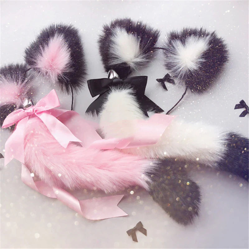 Fox Tail Bow Metal Butt Anal Plug Cute Bow-Knot Soft Cat Ears Headbands Erotic Cosplay Accessories Adult Sex Toys