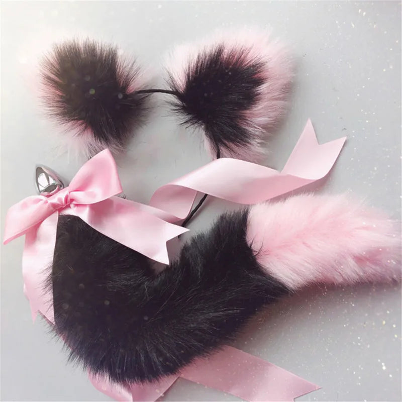 Fox Tail Bow Metal Butt Anal Plug Cute Bow-Knot Soft Cat Ears Headbands Erotic Cosplay Accessories Adult Sex Toys