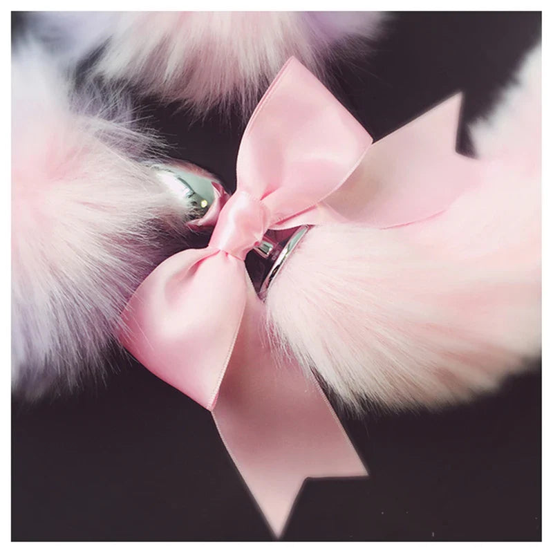 Fox Tail Bow Metal Butt Anal Plug Cute Bow-Knot Soft Cat Ears Headbands Erotic Cosplay Accessories Adult Sex Toys