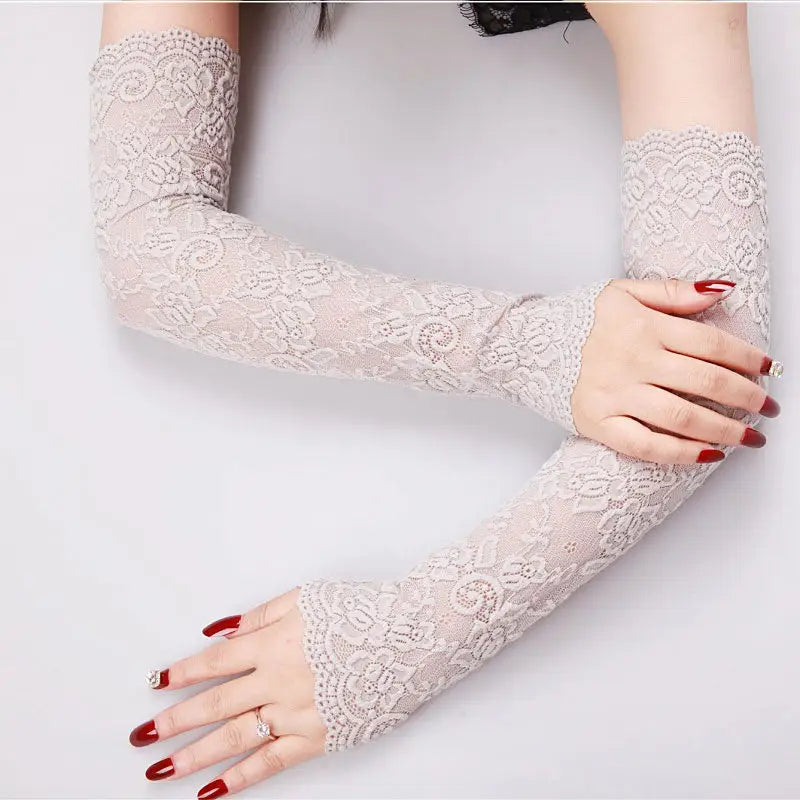 Long White Fingerless Gloves - Grey