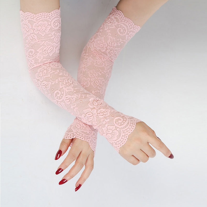 Long White Fingerless Gloves - Pink