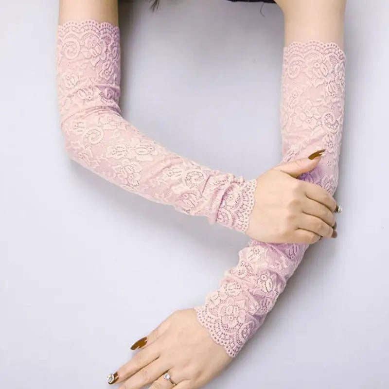 Long White Fingerless Gloves - Purple