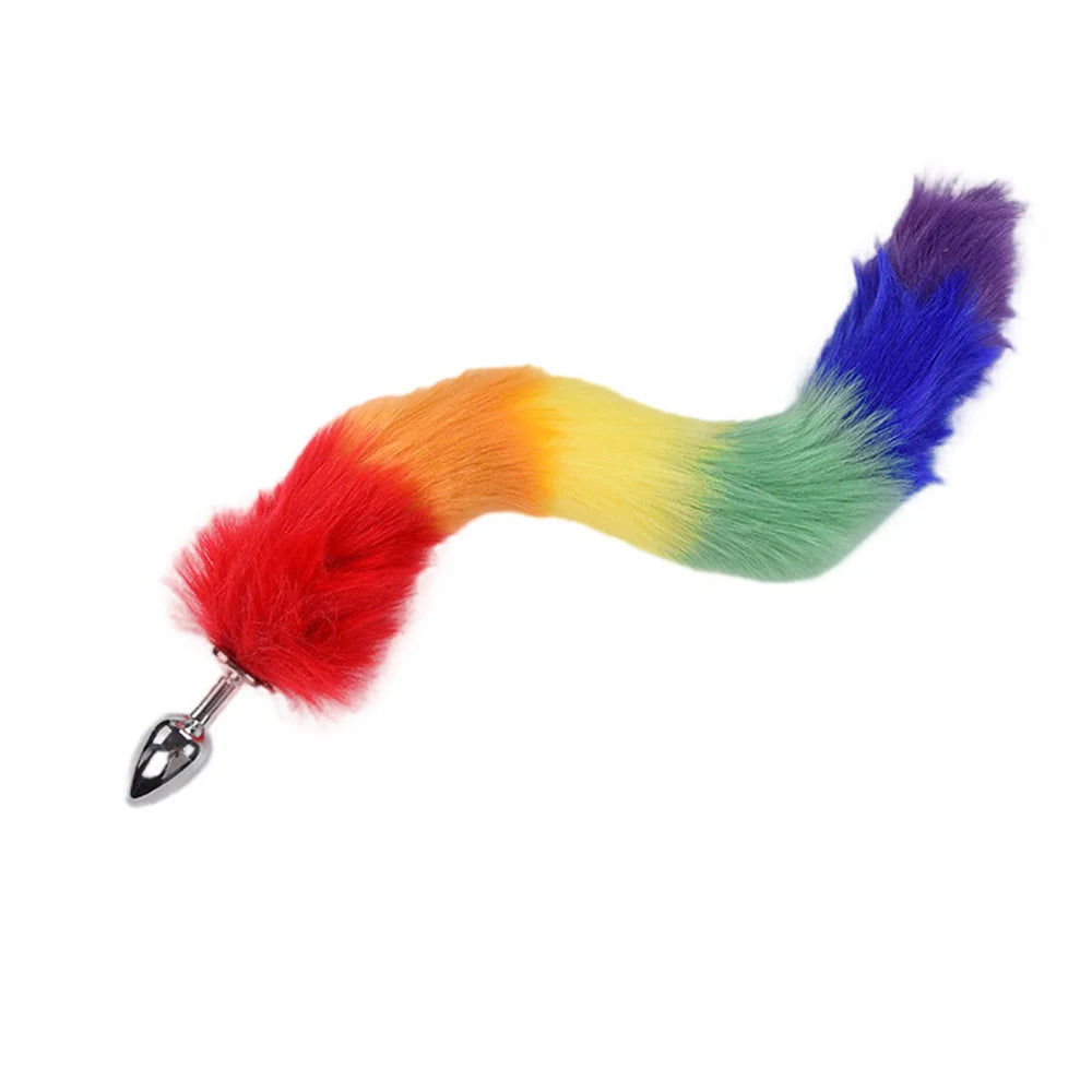 Rainbow Tail Hairy Anal Plug Wearable Cross-Dressing Metal Butt Plug Penetration Anal Anal Expander Unisex Erotic Adult