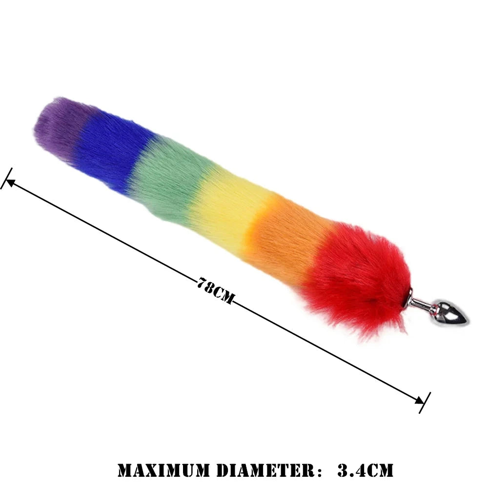 Rainbow Tail Hairy Anal Plug Wearable Cross-Dressing Metal Butt Plug Penetration Anal Anal Expander Unisex Erotic Adult