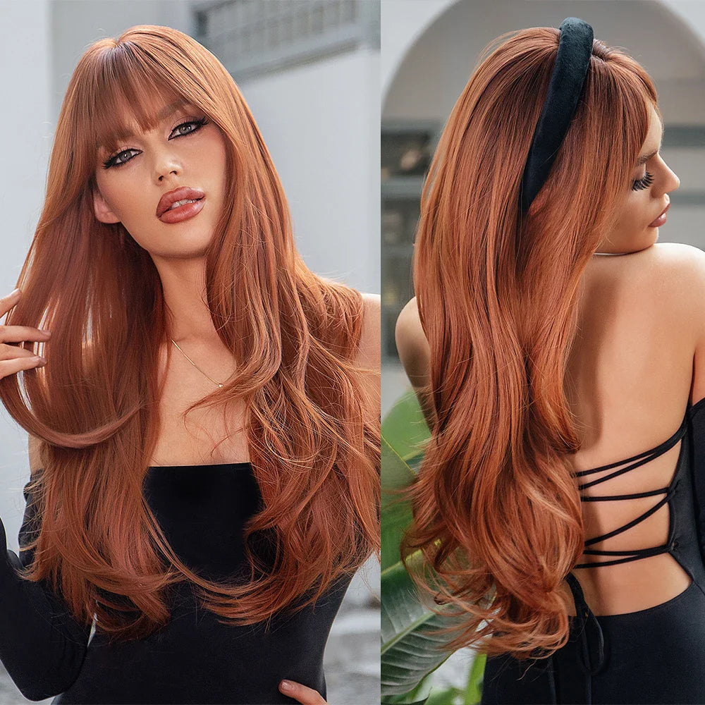 Red Brown Copper Long Natural Wave Wig