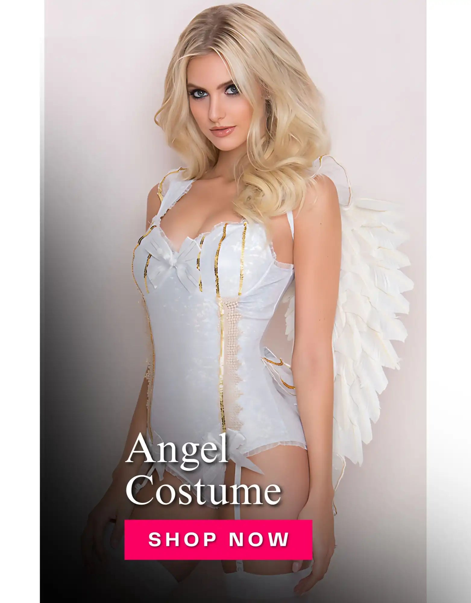 Sexy angel costume for women featuring white corset dress with gold details and feather wings – perfect Halloween or cosplay outfit