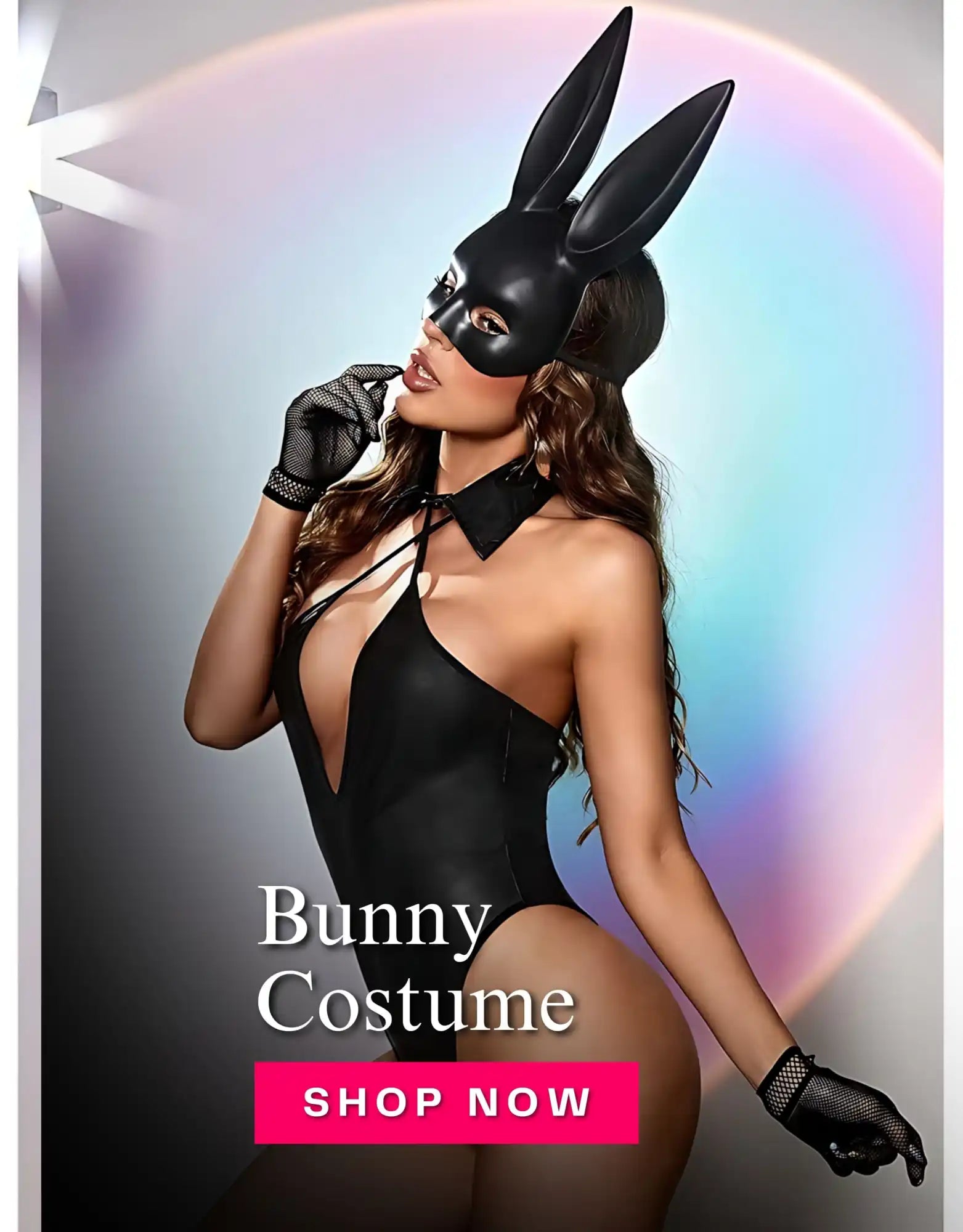 Sexy black bunny costume for women featuring bodysuit, bunny ears mask, and gloves – perfect for Halloween, cosplay, or party outfit.