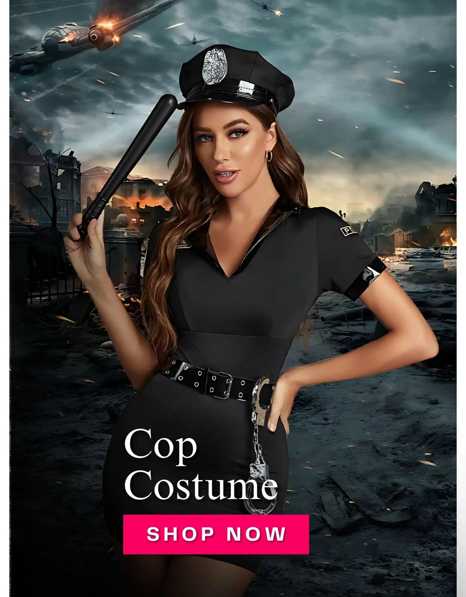 Sexy cop costume for women featuring black police dress, cap, belt and handcuffs – perfect Halloween police officer outfit or cosplay