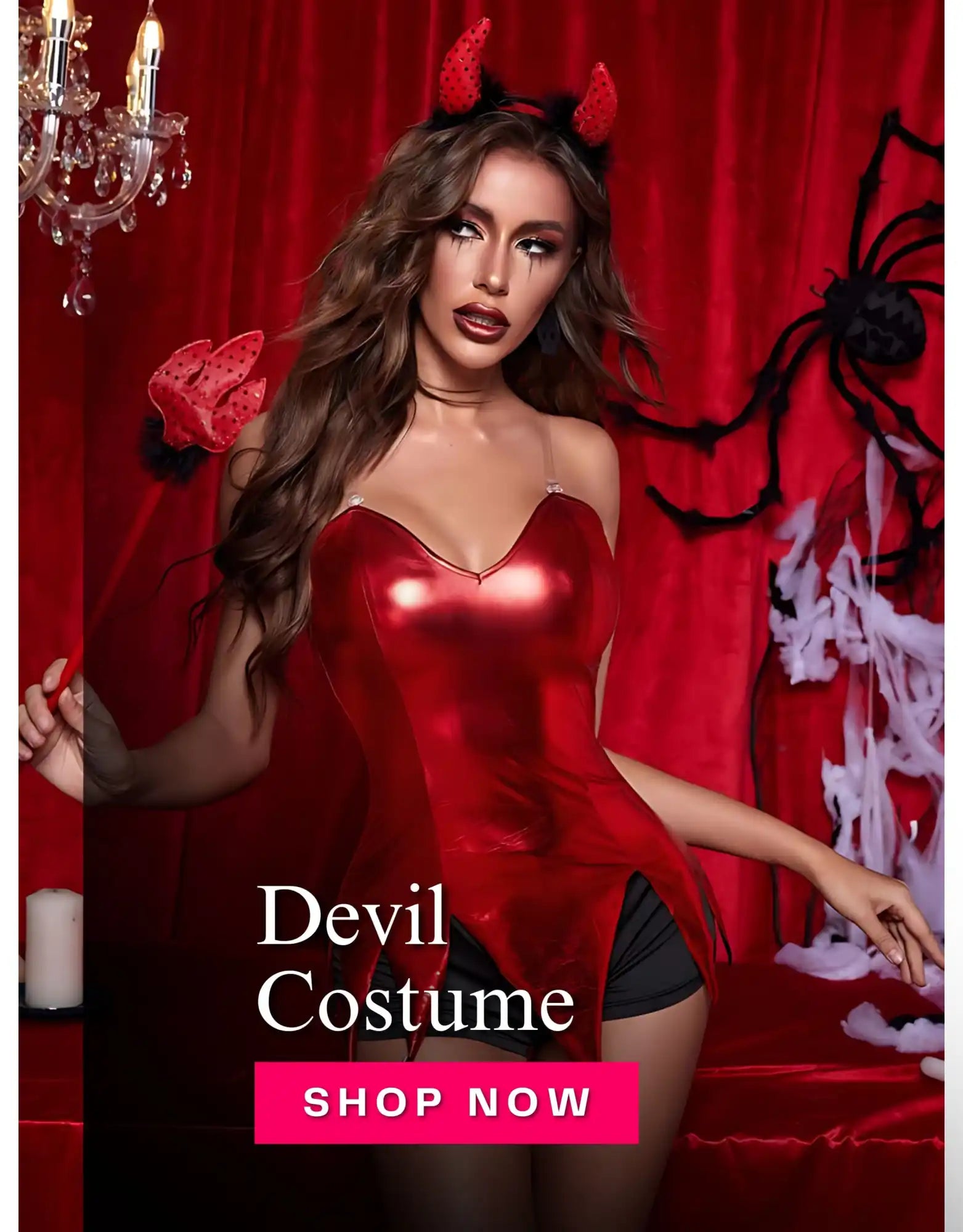 Sexy devil costume for women featuring red corset dress, devil horns headband and Halloween party background.
