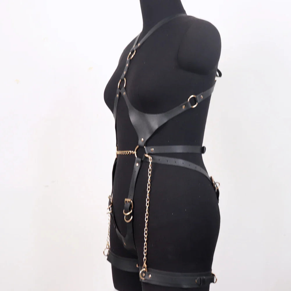 Sexy Harness Handmade Chains Pu Leather Garter Woman Fashion Belts Goth Punk Body Bondage Festival Rave Clothing