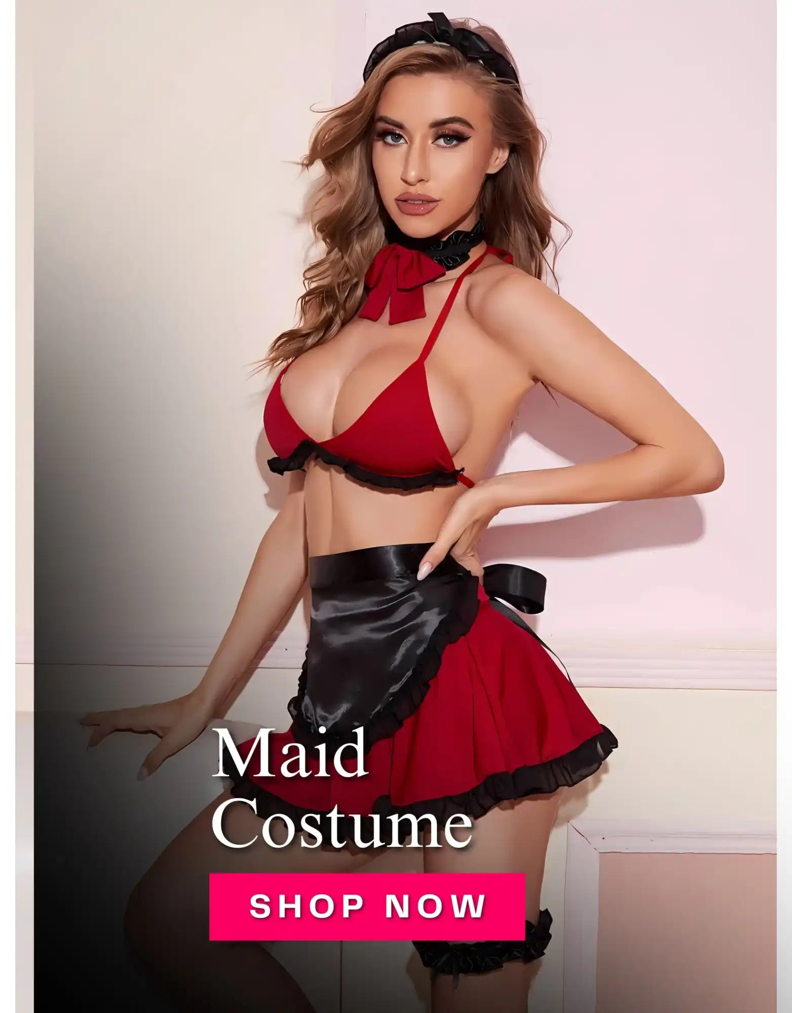 Sexy maid costume for women featuring red and black mini dress with choker and headband – perfect Halloween or cosplay outfit