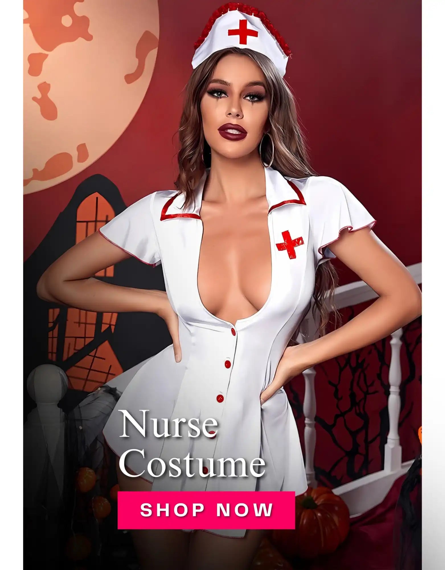 Sexy white nurse costume for women with red cross details, short dress and matching nurse hat – perfect for Halloween party or cosplay