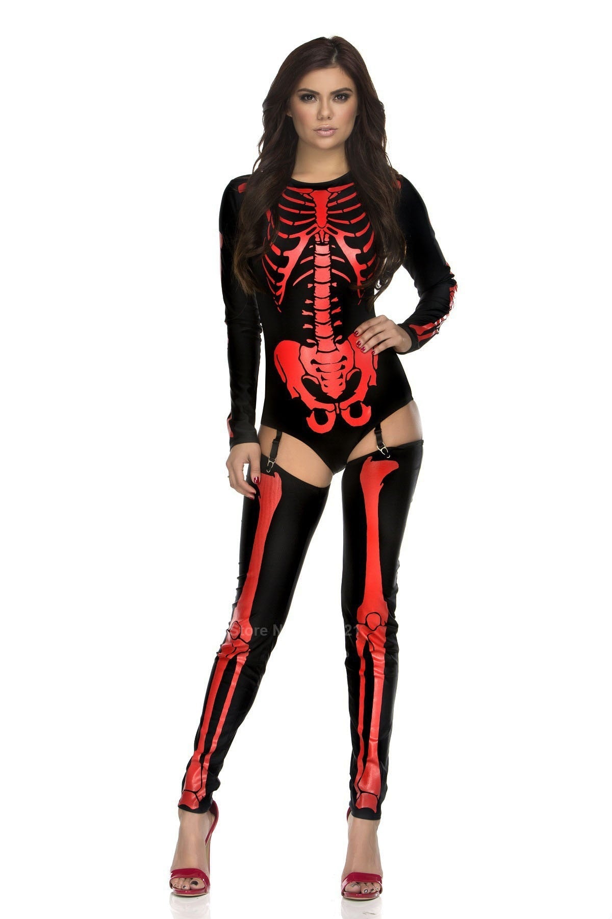 Sexy Skeleton Costume - Black Red / One Size