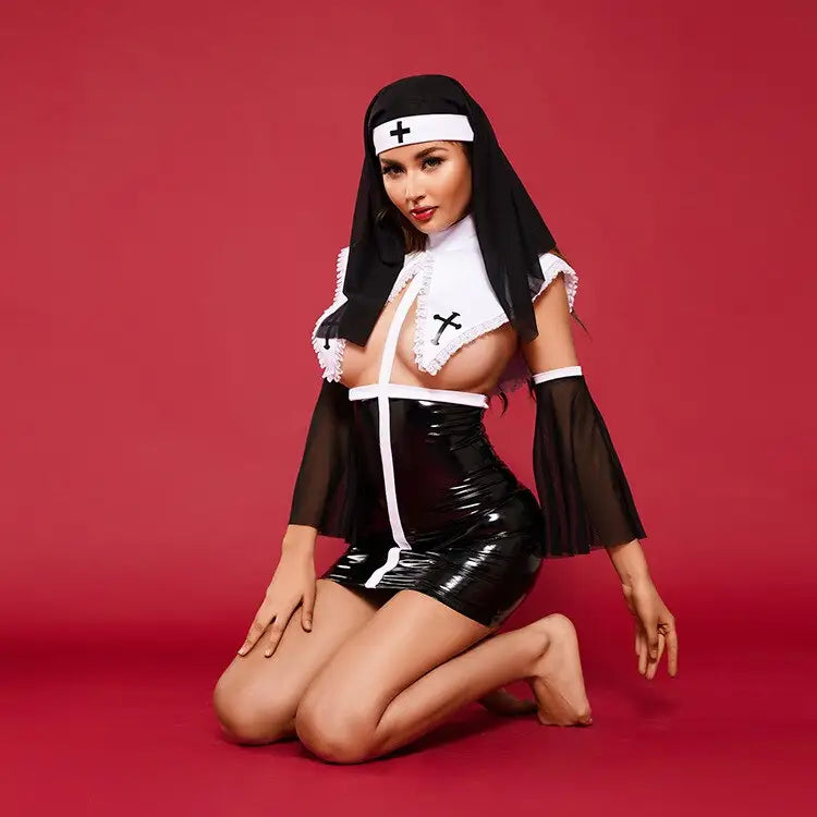 Shiny Leather Nun Sexy Costume