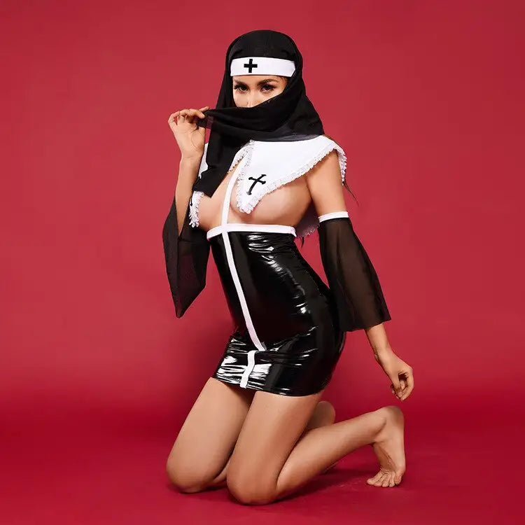 Shiny Leather Nun Sexy Costume